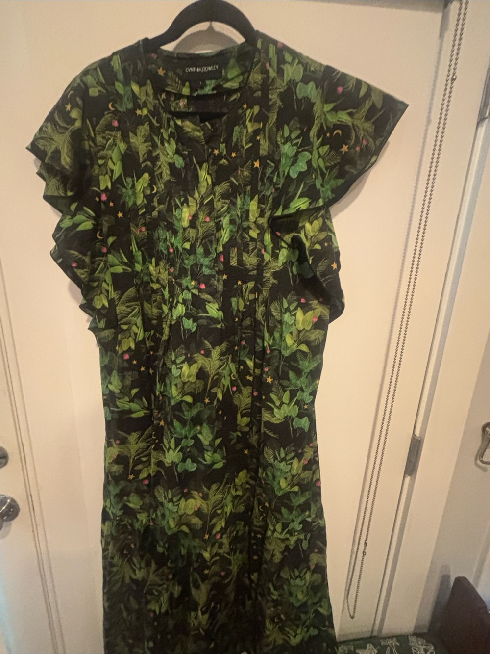Cynthia Rowley Black Maxi Dress with Green Botanical Print and Pink Accents